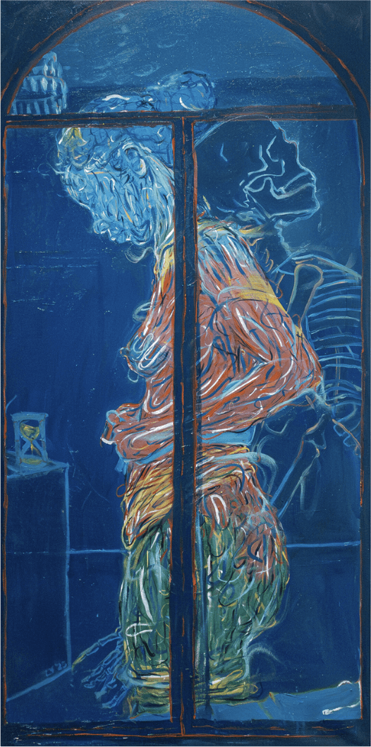 woman getting dressed through an arched window while a skeleton rests bored on her shoulder